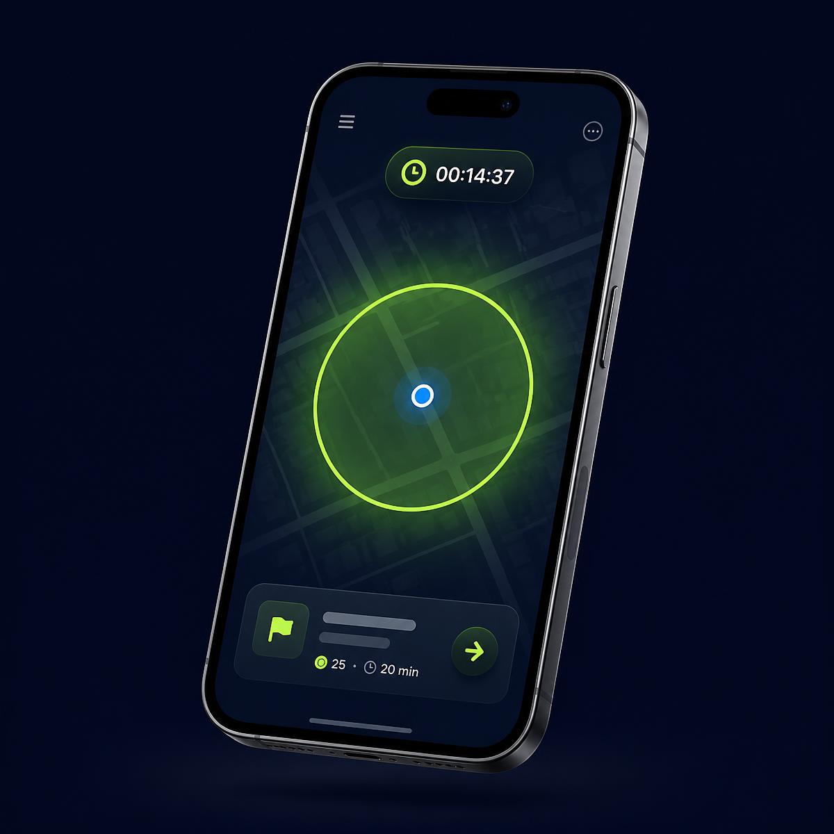 Mobilskjerm med kart, lysende geofence-sone, nedtelling og oppgavekort