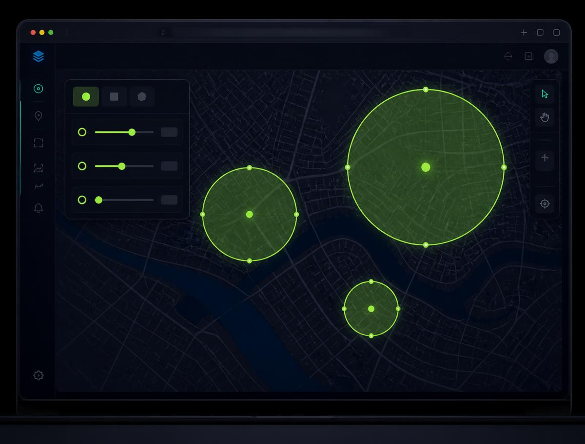Kartredigering med tre lysende geofence-sirkler og radius-innstillinger