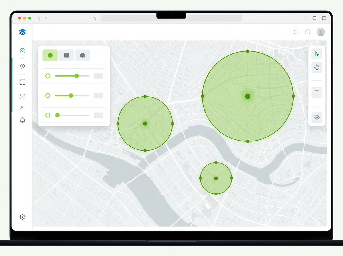 Kartredigering med tre lysende geofence-sirkler og radius-innstillinger